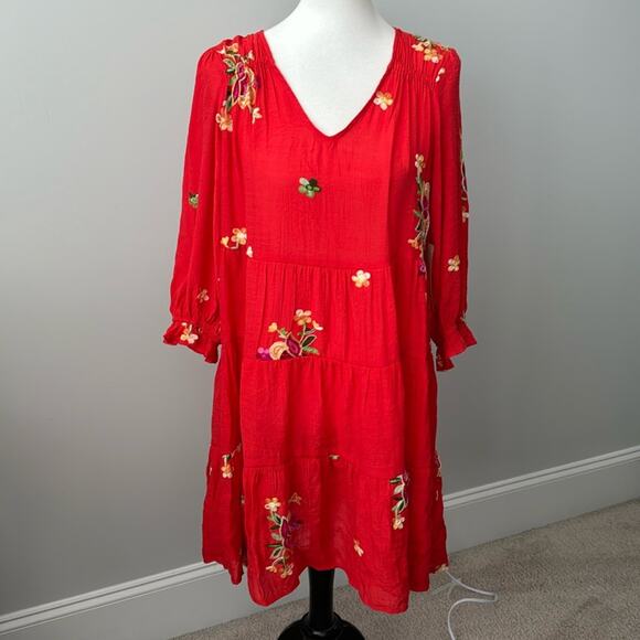 Figueroa & Flower Red Boho Embroidered Ruffle Floral Dress Womens Medium NWT - Picture 1 of 8
